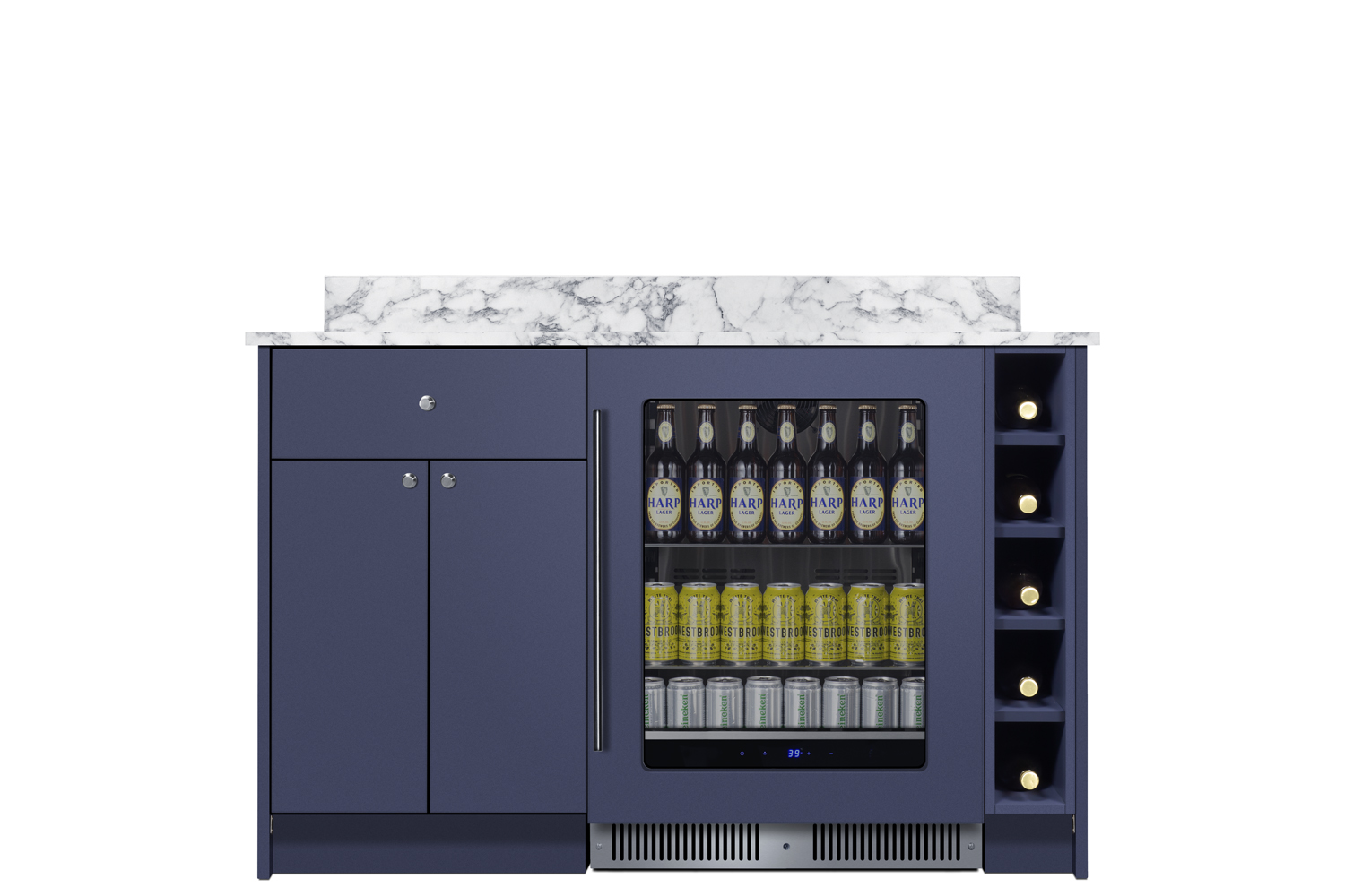 Fully assembled Mesa Turnkey Dry Bar in midnight navy finish and shallow 21